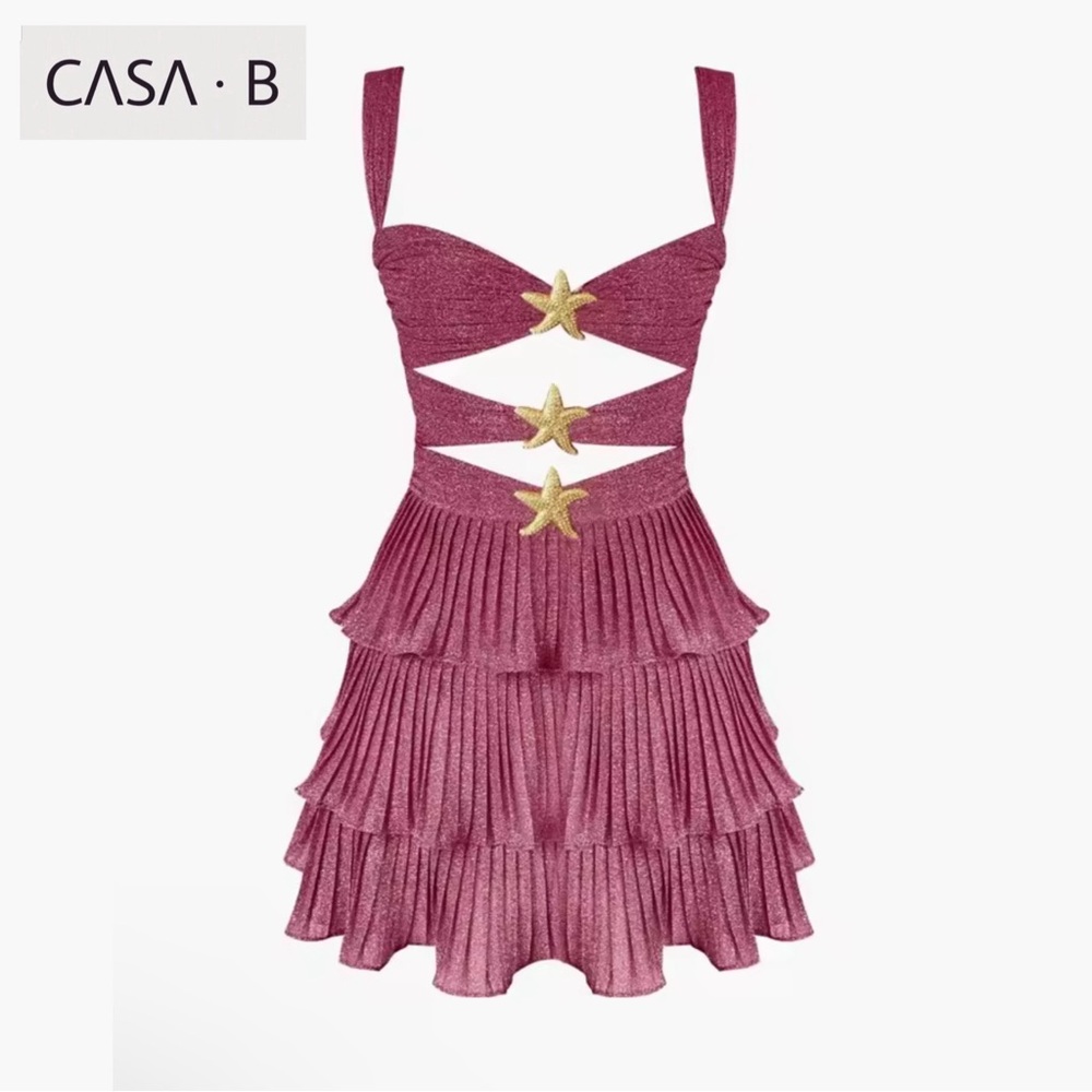 NEW!💫to CASA B| Azaria Stardust Cut Out Gold Starfish Tiered Ruffle Mini Dress - Picture 3 of 5